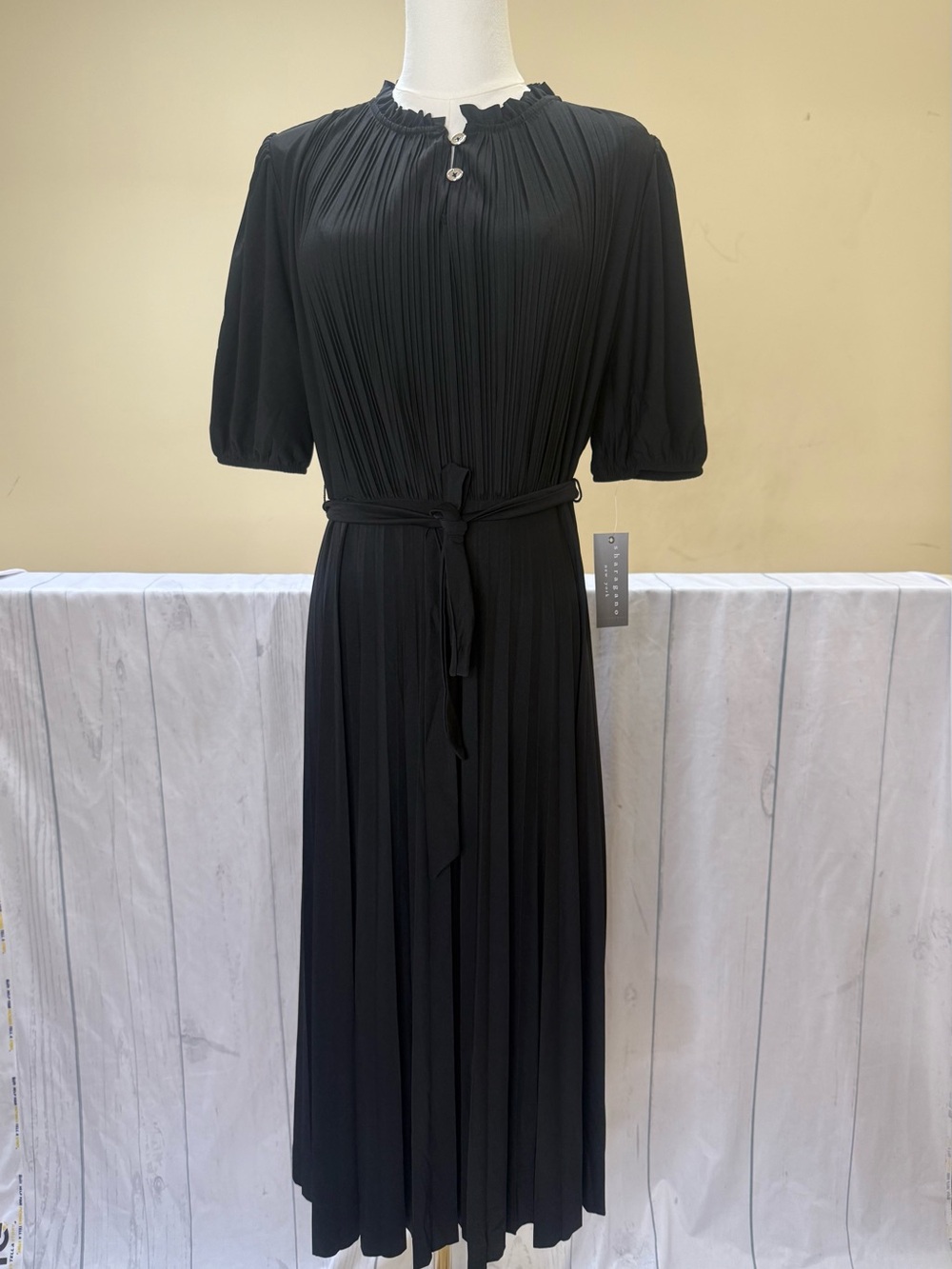 Sharagano Black Pleated Midi Dress with Self-Tie Waist